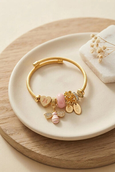 ARMÜZ Heart and Bee Model Pink Charm Bracelet