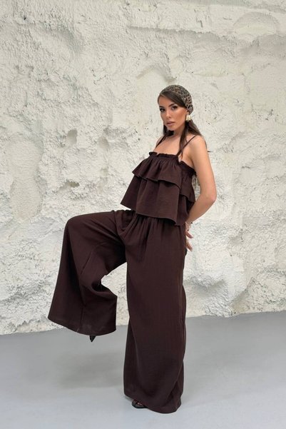 NEW STATION Women's Cotton Muslin Fabric Strap Top and Palazzo Pants Design Double Set
