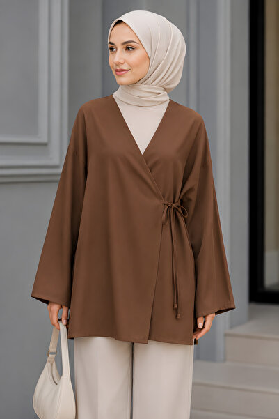 İmajButik Light Brown Double-Breasted Collar Side Tie Summer Kimono Tunic