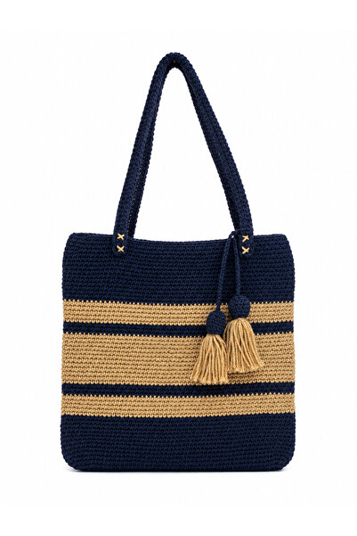 DeNors Hand Knitted Tassel Shoulder Bag – Navy Blue Beige, 28 × 28 cm
