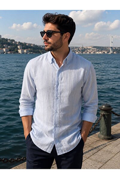 EMPEROR APPAREL Erkek Mavi Uzun Kollu Armürlü Keten Gömlek