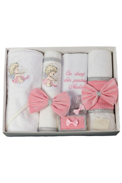 Happy Bears Trusou botez pentru fete, 8 piese, “Ingeras", bumbac, brodat, luc...