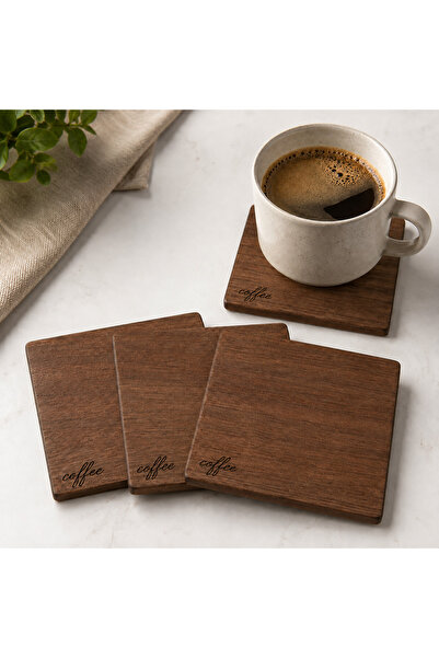 t tun's woods Set of 4 Wooden Coasters with Coffee Writing, Walnut Color, Las...