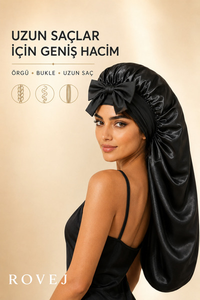 ROVEJ Uzun Saten Uyku Bonesi Çift Kat %100 Viskon – Bağlamalı Gece Saç Bonesi...