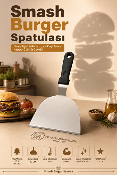 Transformacion Geniş Ağızlı Paslanmaz Çelik Smash Burger Spatulası Köfte Izga...