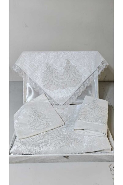 çeyizköşesi Velvet Prayer Rug Set 4 Pieces French Laced Bundle Set