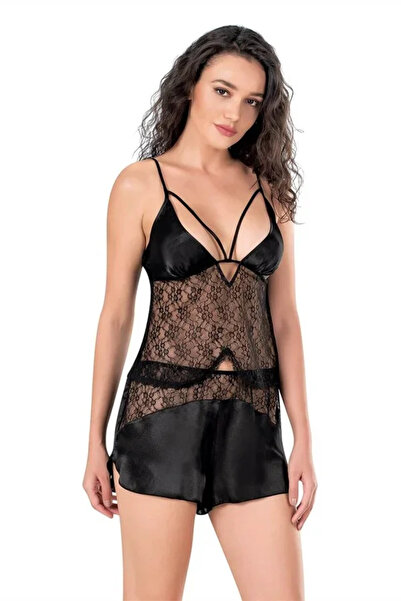 SS HOME CONCEPT Black Satin Babydoll Shorts Set