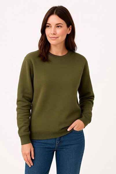 Generic Brand Women's 3 Thread Cotton Plain Crew Neck Sweatshirt - Khaki Mari...