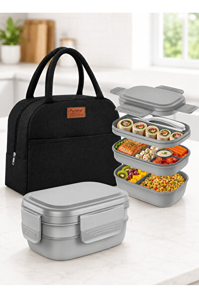Pomefar 3-Layer Stackable Bento Lunch Box Set With Carry Bag and Cutlery, 190...