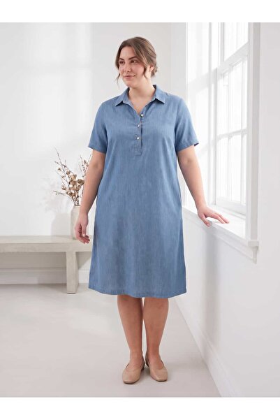 STORi Women's Plus Size Midi Dress Shirt Collar Buttoned Tencel Blue