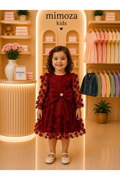 Mimoza Kids Kız Bebek Lila 3D Çiçek İşlemeli Büyük Fiyonk Detaylı Tül Abiye E...