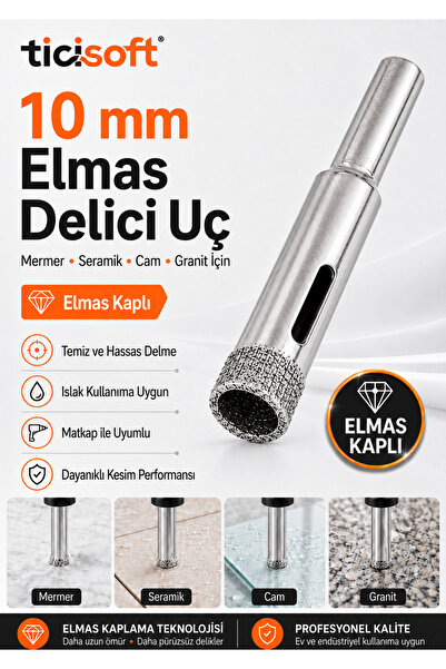 Ticisoft 10 mm Elmas Kaplı Panç Delici Uç Cam Seramik Mermer Granit Delme Mat...