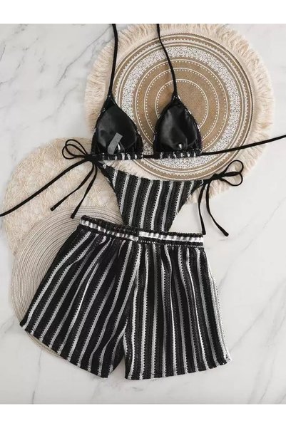 Girlsavm Black Striped Shorts Bikini Set