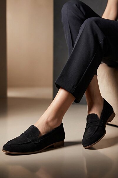 Modabuymus Μαύρα Γνήσια Δερμάτινα Παπούτσια Loafer από Suede Γυναικεία Μπαλαρ...