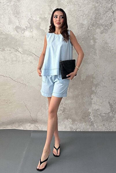 Moda Days Women's Blue Shorts Set Sleeveless Round Neck Stitching Detailed Po...