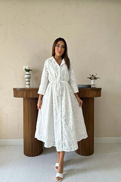 Moda Days قميص نسائي أبيض متوسط الطول بياقة قميصية وأربطة عند الخصر وقصة واسع...