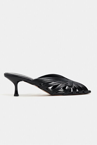 NİŞANTAŞI SHOES Rosie Black Metallic Open Toe Detailed Caged Women's Heeled S...