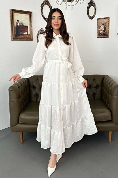 Moda Days Women's White Maxi Shirt Collar Belted Striped Buttoned Layered Dress