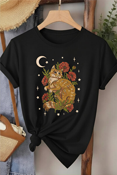 l'eivor Tricou de damă din bumbac cu imprimeu Cat Flower Star