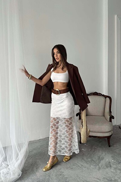 Moda Days Women's White Lace Detailed Lined Long Slim Fit Floral Patterned Skirt