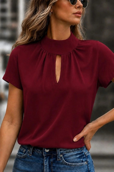 Beruflic Women's Short Sleeve Turtleneck Sandy Blouse with Drop Detail
