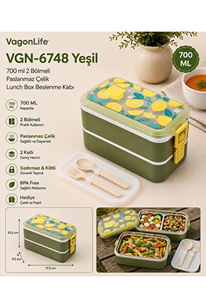 Vagonlife VGN-6748 حاوية غداء من الفولاذ المقاوم للصدأ ذات طبقتين باللون الأخ...