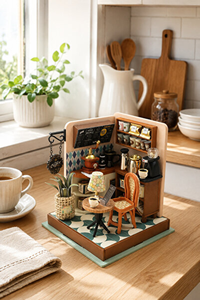 Diyarea Barista Köşesi LED Işıklı Ahşap Minyatür Maket Kiti – 3D Puzzle Kendi...