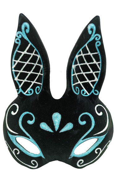 OSKA GLOBAL Black color blue white glitter black suede coated rabbit mask 18x...