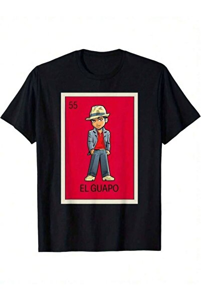 NOURAM Men's Mexican Loteria El Guapo Graphic T-Shirt - Black Cotton Crew Nec...