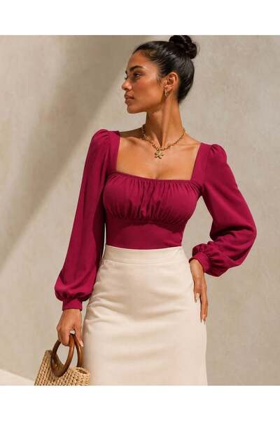 Modafeminen Burgundy Square Neck Gathered Balloon Sleeve Crop Blouse 581478
