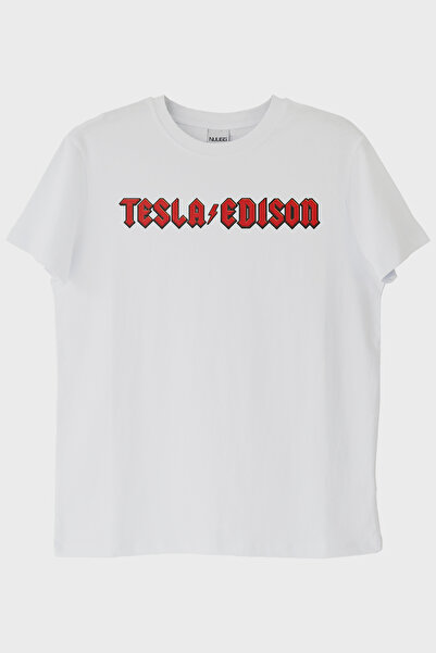 lofux Tesla/Edison Lightning Printed Gothic Design White T-Shirt