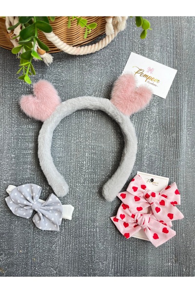 pempem bandana Baby Girl Gray and Pink Crown Buckle Set