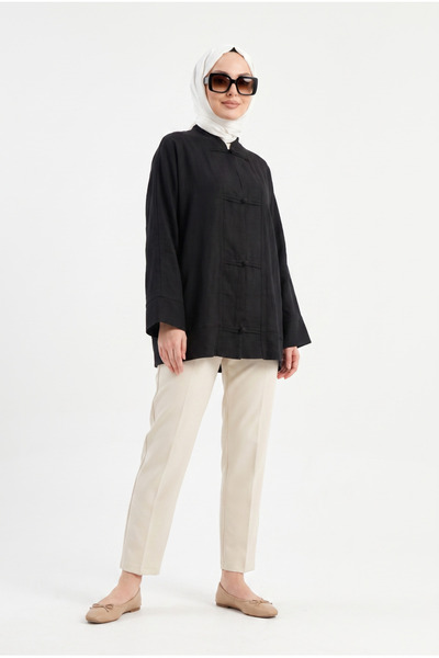 ShopFast Biye Düğmeli V Yaka Organze Vual Oversize Kimono