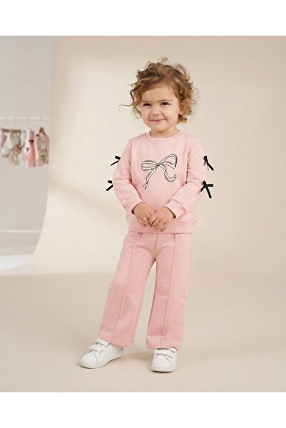 voyyo kids baby طقم بدلة رياضية للفتيات بتفاصيل فيونكة وأرجل واسعة ومخيطين، م...