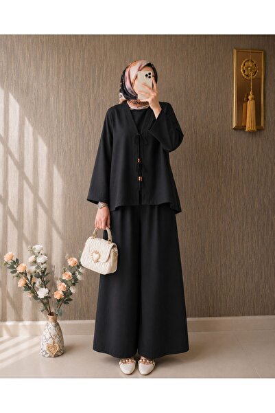 Nazenin Keten Siyah Kimono İkili Takım