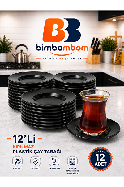bimbambom 12'li Siyah Çay Tabağı Plastik Çay Tabağı 12 Adet