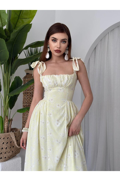 Moda Days فستان نسائي ميدي بياقة مربعة وطبعة زهور مع أربطة على الكتف
