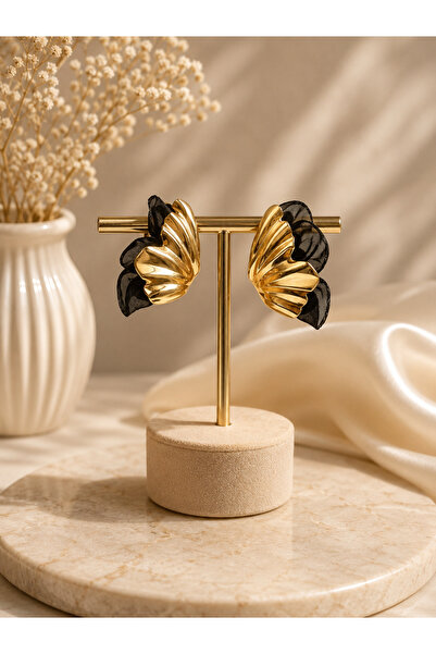 ANKA JEWELLRY أقراط نسائية من الفولاذ الأسود مع تفاصيل من التول وتصميم ذهبي ا...