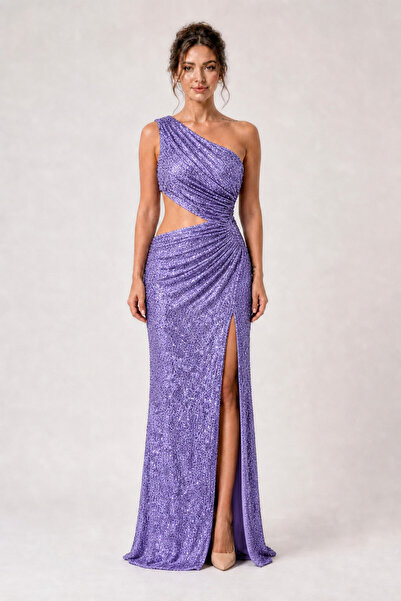 Moon Of Dress Lila Tek Omuz Cut-Out Payetli Yırtmaçlı Balık Uzun Abiye Elbise...