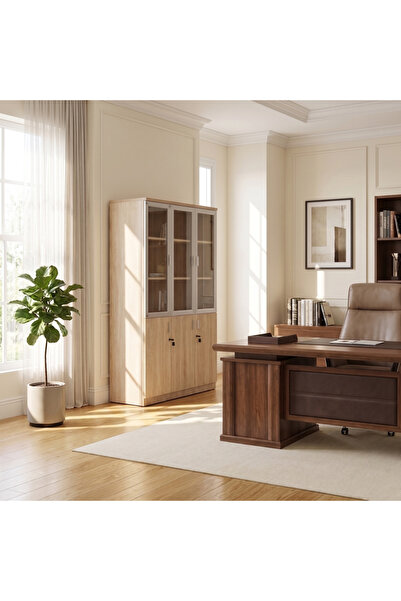 Ebticar Wooden Bookcase with Glass Doors - Beige