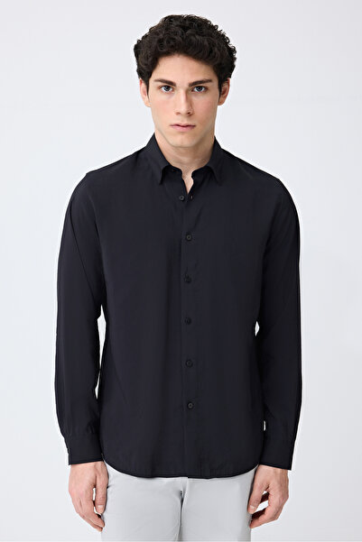 Tween Slim Fit Siyah Düz Modal Karışımlı Gömlek