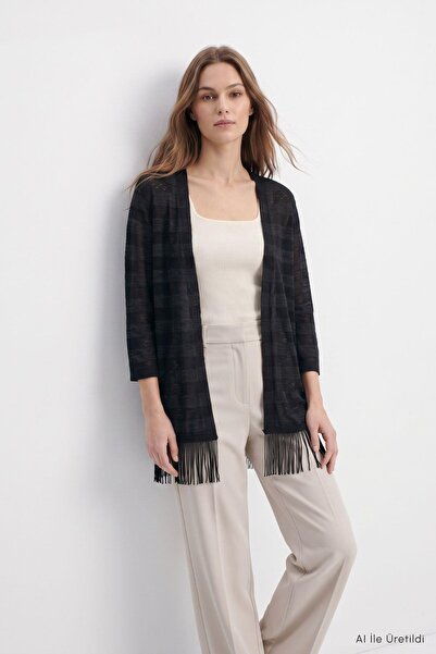Rays Stripe Detail Tasseled Transparent Cardigan 1787 Black