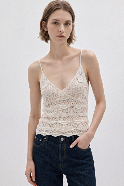 Nisan Sleeved Detailed Tricot Top Ecru