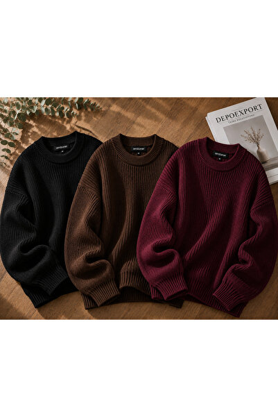 DepoExport Women's Premium Oversize Knitwear Sweater Set of 3 Black Beige Eme...