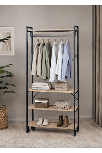 boz concept home Metal Gardırop Askılık Ahşap Raflı Açık Elbise Dolabı Kıyafe...