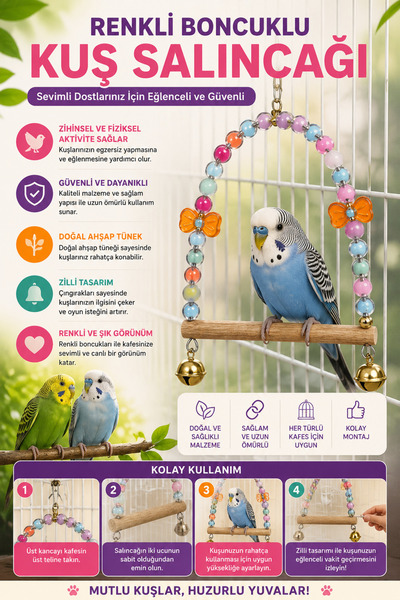 Petshop Ahşap Kuş Salıncağı Tünek – Boncuklu Zilli Papağan Oyuncağı | Muhabbe...