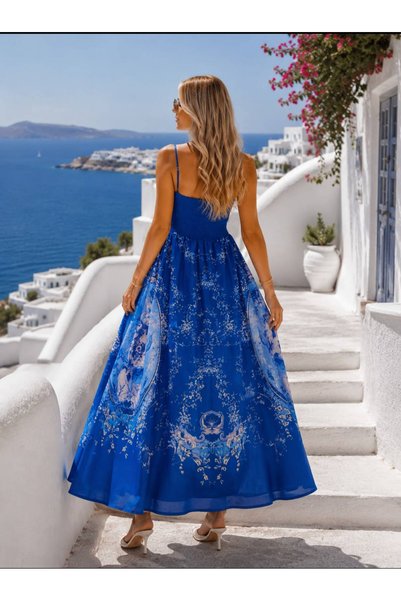 Butik Şenel فستان سانتوريني سيرينا ماكسي أزرق منقوش بحمالات