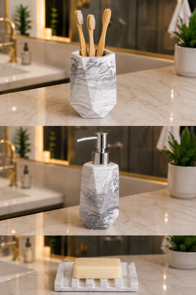 lufen deco Marble Patterned Concrete 4-Piece Bathroom Set Liquid Solid Soap Dispenser Toothbrush Holder Presentation Tray Bathroom Accessories
