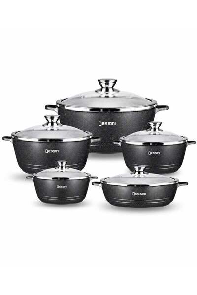 Dessini 10-Piece Granite Non-Stick Cookware Set - Casserole Pot Set with Glas...