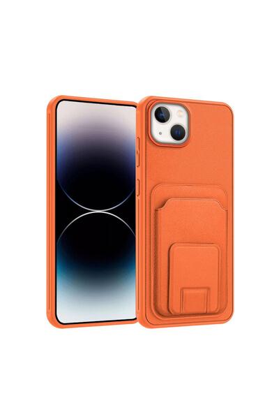Zebana Apple iPhone 15 Uyumlu Kılıf FlexStand Kartlıklı Silikon Kılıf Turuncu